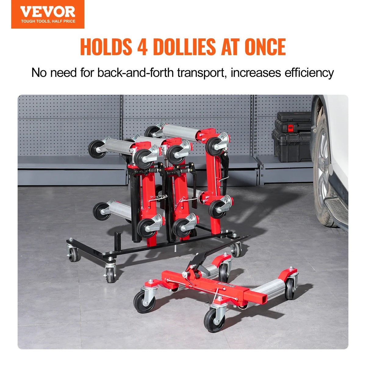 Car Dolly Rack, Storage Rack with 360° Rotatable Wheels, Hydraulic Ratchet Trolley Jack Stand Organizer,4-Dolly Capacity