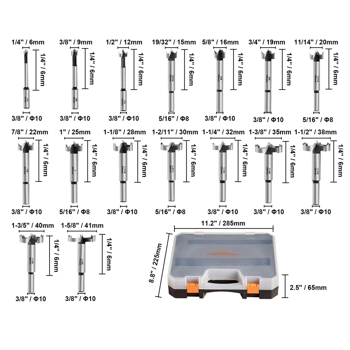 16 Pcs Forstner Bit Set 1/4" to 1-5/8" Carbon Steel with Universal Round Shank Forstner Drill Bit for Wood Composite Board