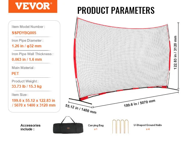 Barricade Backstop Net Ball Sport Barrier Netting Portable Practice Equipment with Carry Bag Protect Screen for Training