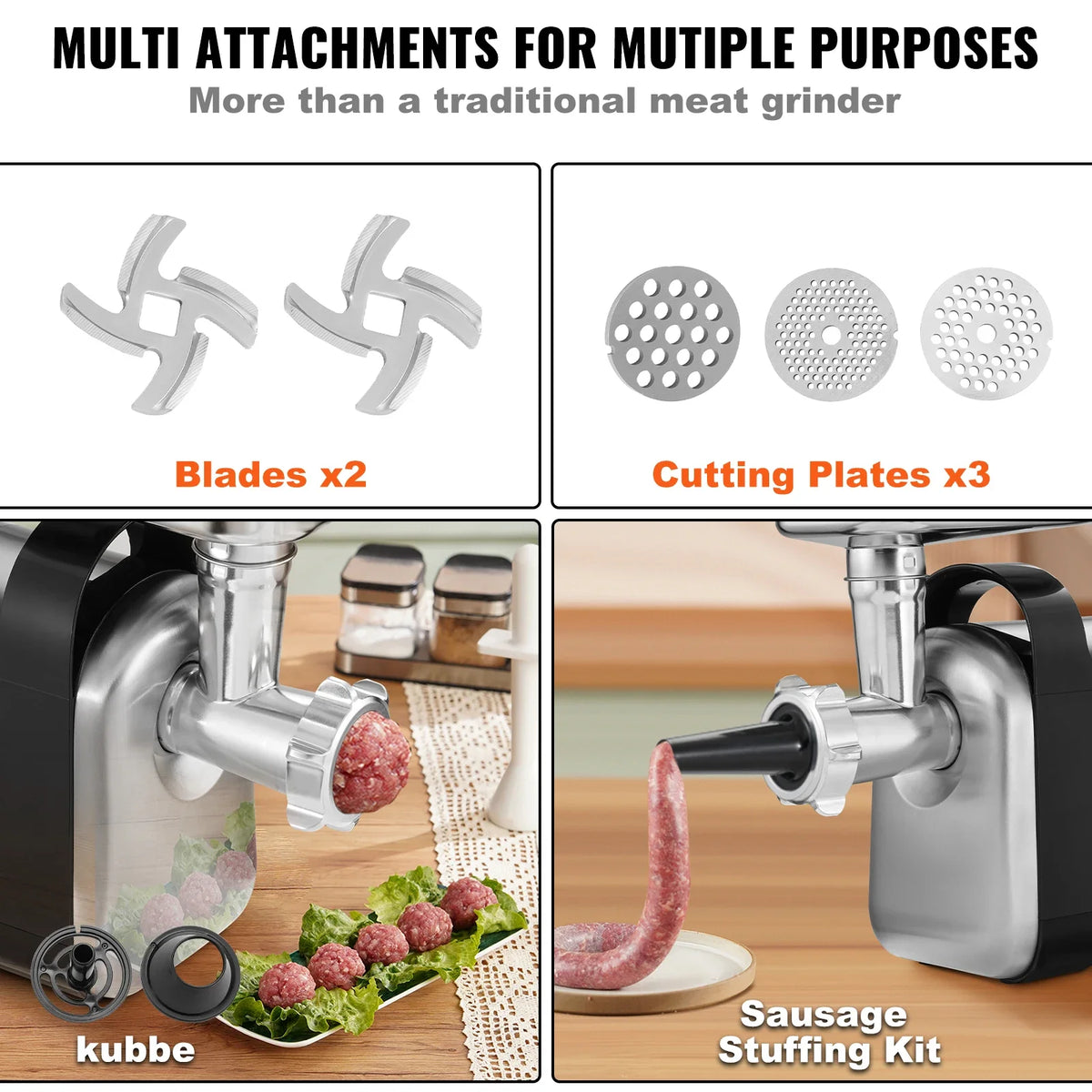 550W 6.6 Lb/Min Electric Meat Grinder with 2 Blade 3 Grinding Plates Sausage Maker & Kubbe Kit ABS + Stainless Steel