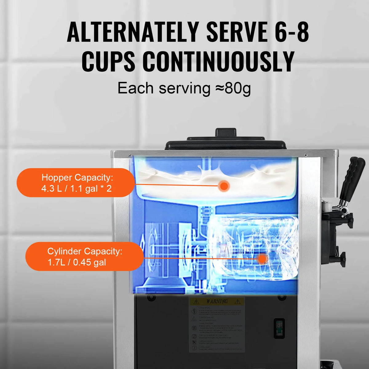 2200W Commercial Soft Ice Cream Machine 3 Flavors 5.3 to 7.4Gallon per Hour PreCooling at Night Auto Clean LCD Panel
