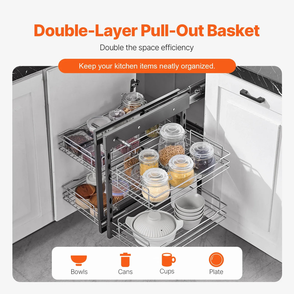 15"W Opening Blind Corner Pull Out Organizer, 2 Tier 4 Shelf Kitchen Cabinet Organizer, Chrome Carbon Steel Storage Basket