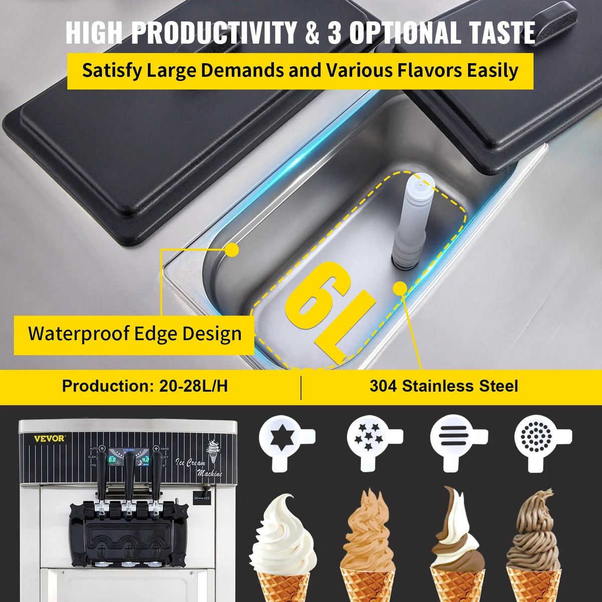 Commercial Soft Ice Cream Machine,2200W 3 Flavors Ice Cream Maker,5.3 to 7.4 Gal per/H Auto Clean LCD Panel for Restaurant