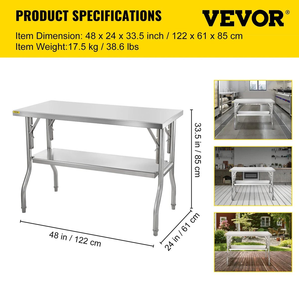 Commercial Worktable Workstation 48 x 24 Inch Folding Prep Table, Heavy-duty Stainless Steel Folding Table w/ 772 lbs Load