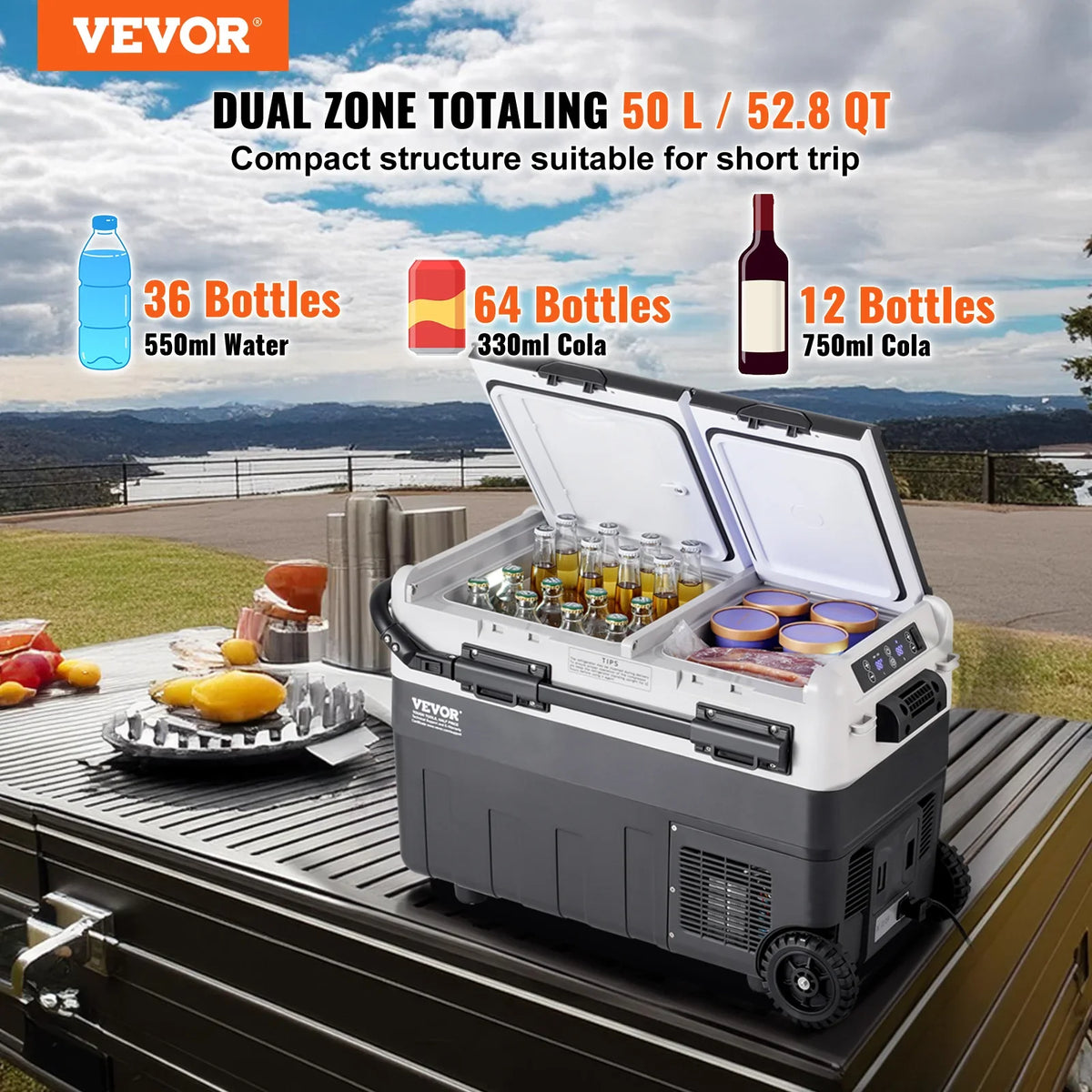50L Car Refrigerator, 12V Car Fridge,Dual Zone Portable Freezer, -4℉-68℉ Adjustable, Compressor Cooler for Home, Outdoor