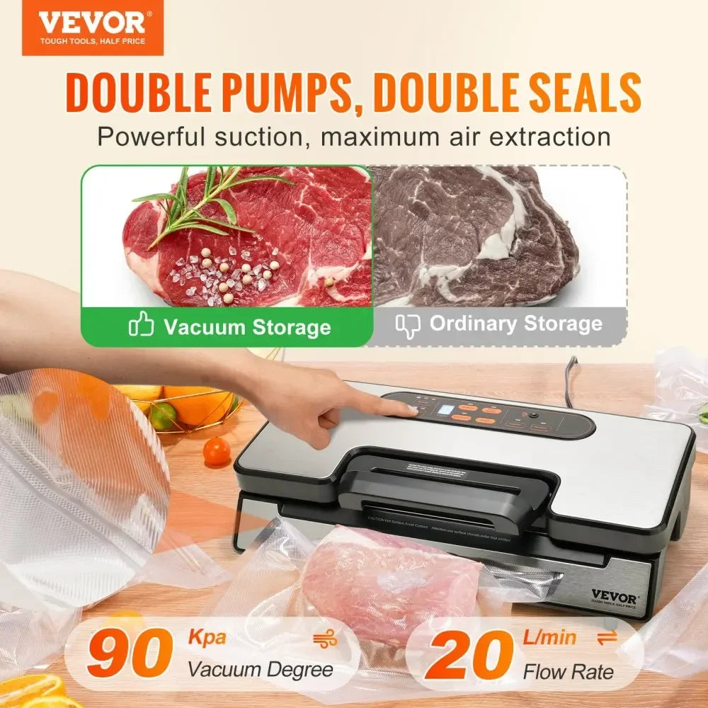Vacuum Sealer Machine Food Preservation Storage Saver 90Kpa for Dry Moist Food Storage Automatic and Manual Air Sealing