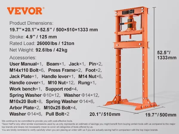 6/12 Ton Hydraulic H-Frame Garage Floor Adjustable Shop Press with Plates 6T/12T Orange for Garages or Professional Shops