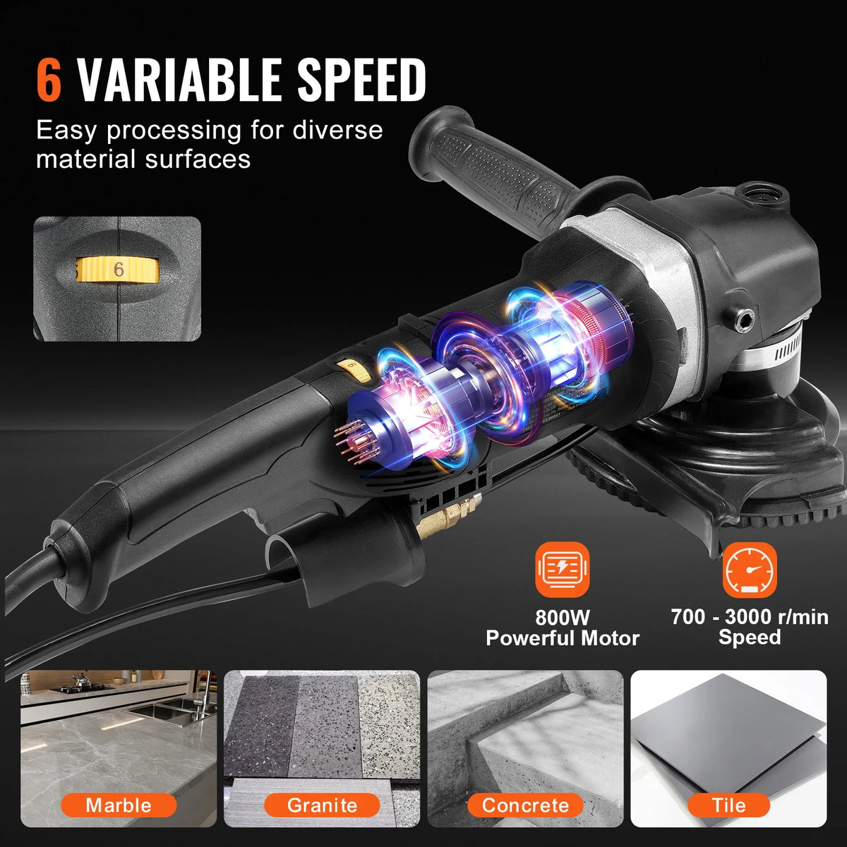 Wet Polisher 800W 4" Concrete Grinder Wet Grinder Machine for Marble/Rock/Tile with 6 Variable Speed and 7 Polishing Kits