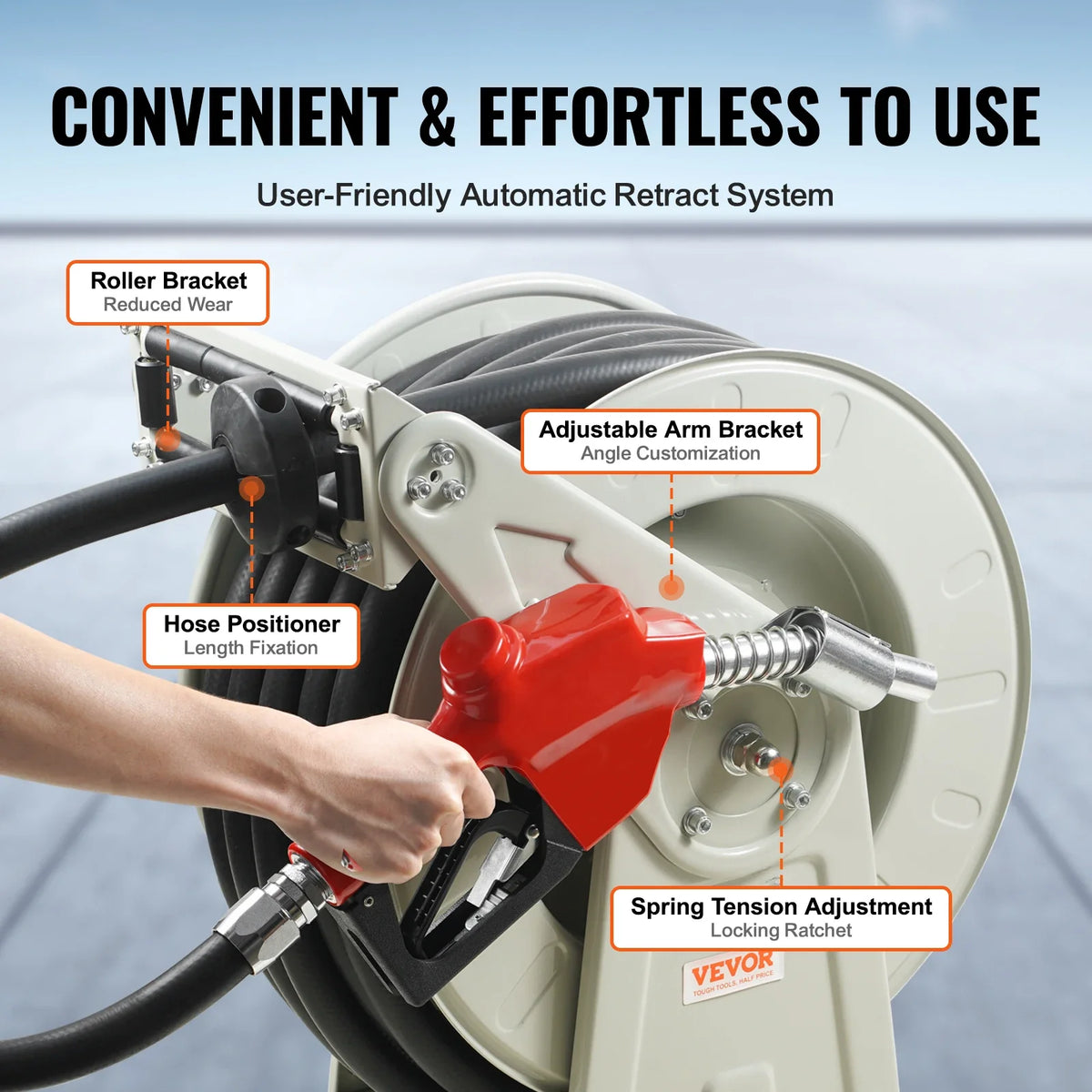 33/50/66ft Fuel Hose Reel Extra Long Retractable Spring Driven Auto Swivel Rewind for Auto Repair Heavy Industries