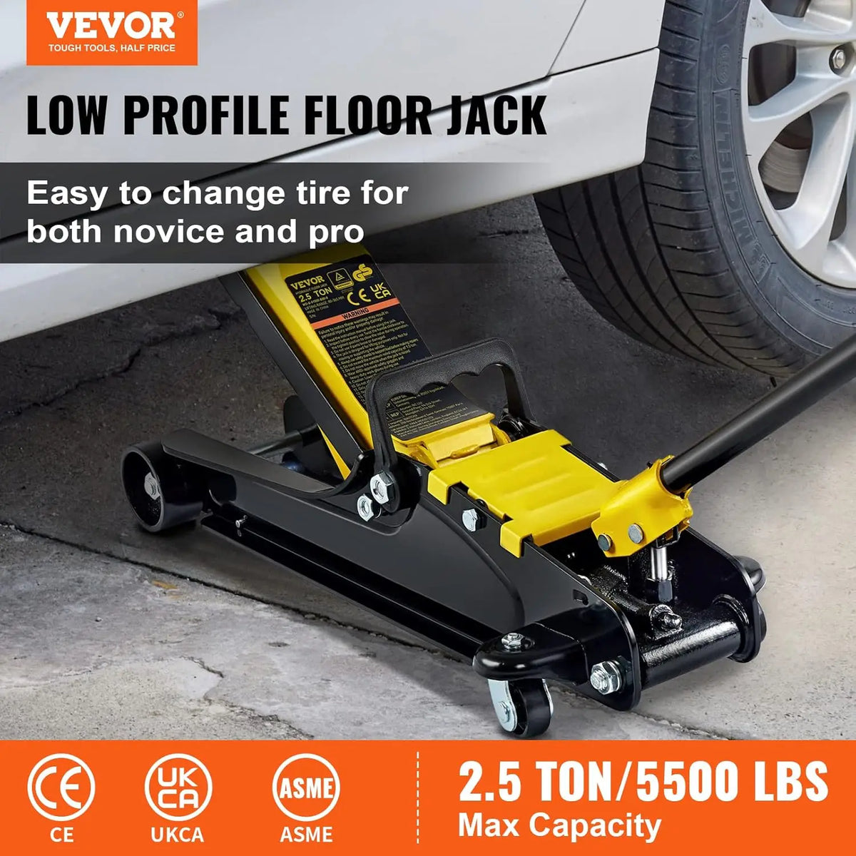 2.5 Ton Low Profile, Heavy-Duty Steel Racing Floor Jack with Single Piston Lift Pump, Lifting Range 3.35"-14.96"