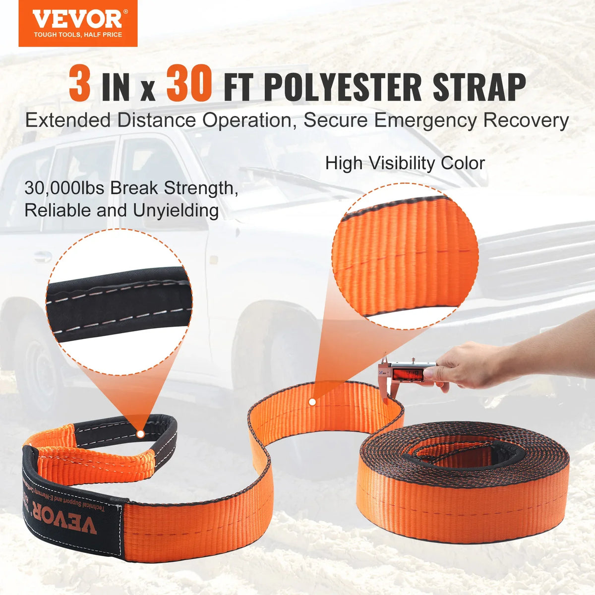 3" x 30' Heavy Duty Winch Recovery Kit with 30000 lbs Tow Straps 44092 lbs D-Ring Shackles for ATV Jeep Truck
