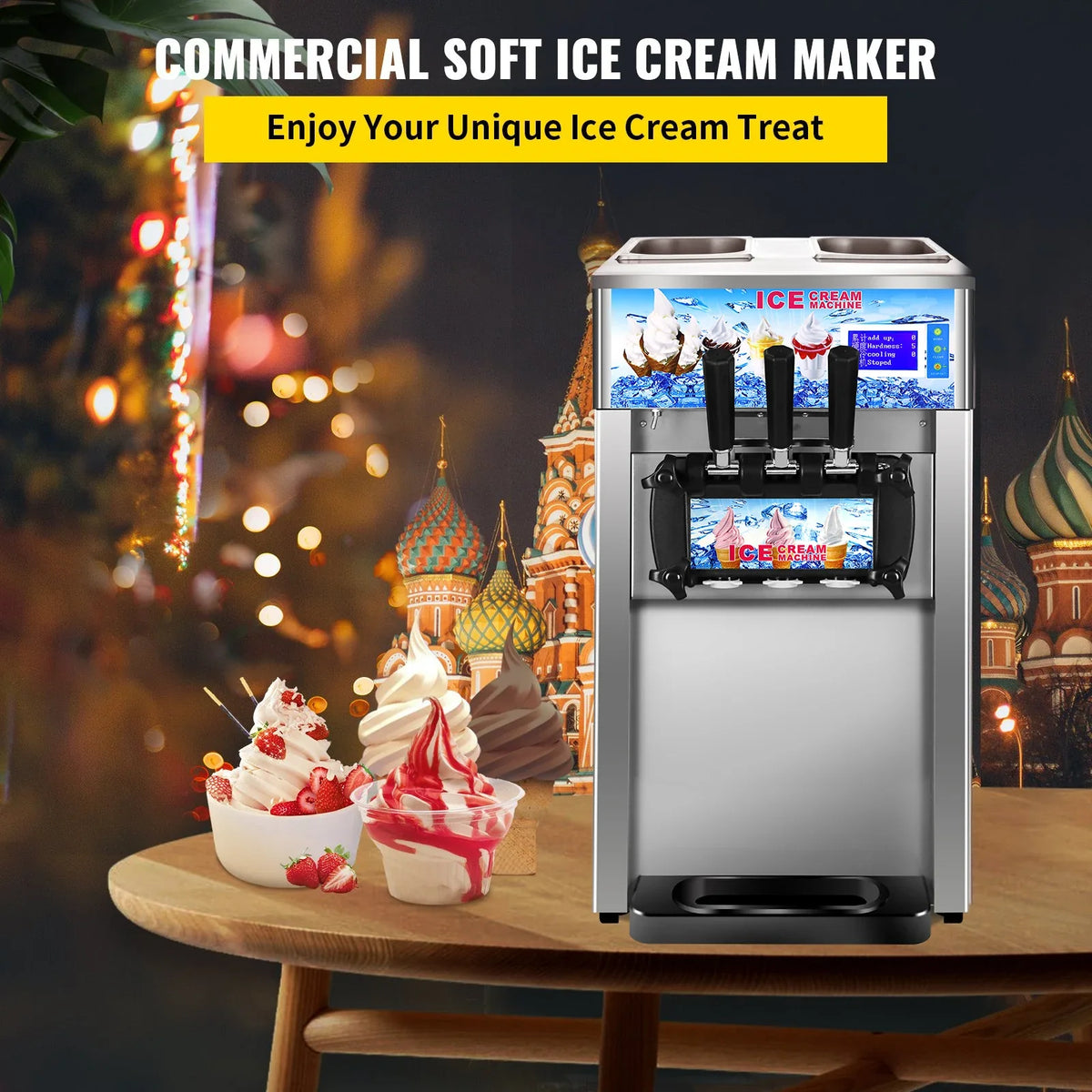 Commercial Soft Serve Ice Cream Machine - Tri-Flavor 18L/H with LCD Display & One-Touch Cleaning for Dessert Shops, Cafes