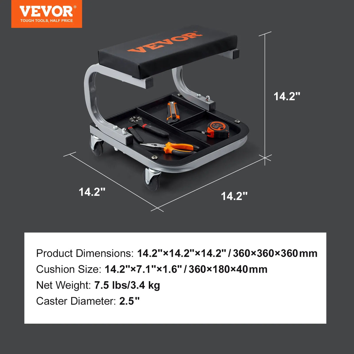 Mechanic Stool, 250 LBS Rolling Pneumatic Creeper Garage/Shop Seat, Adjustable Height 16-22  with Tool Tray