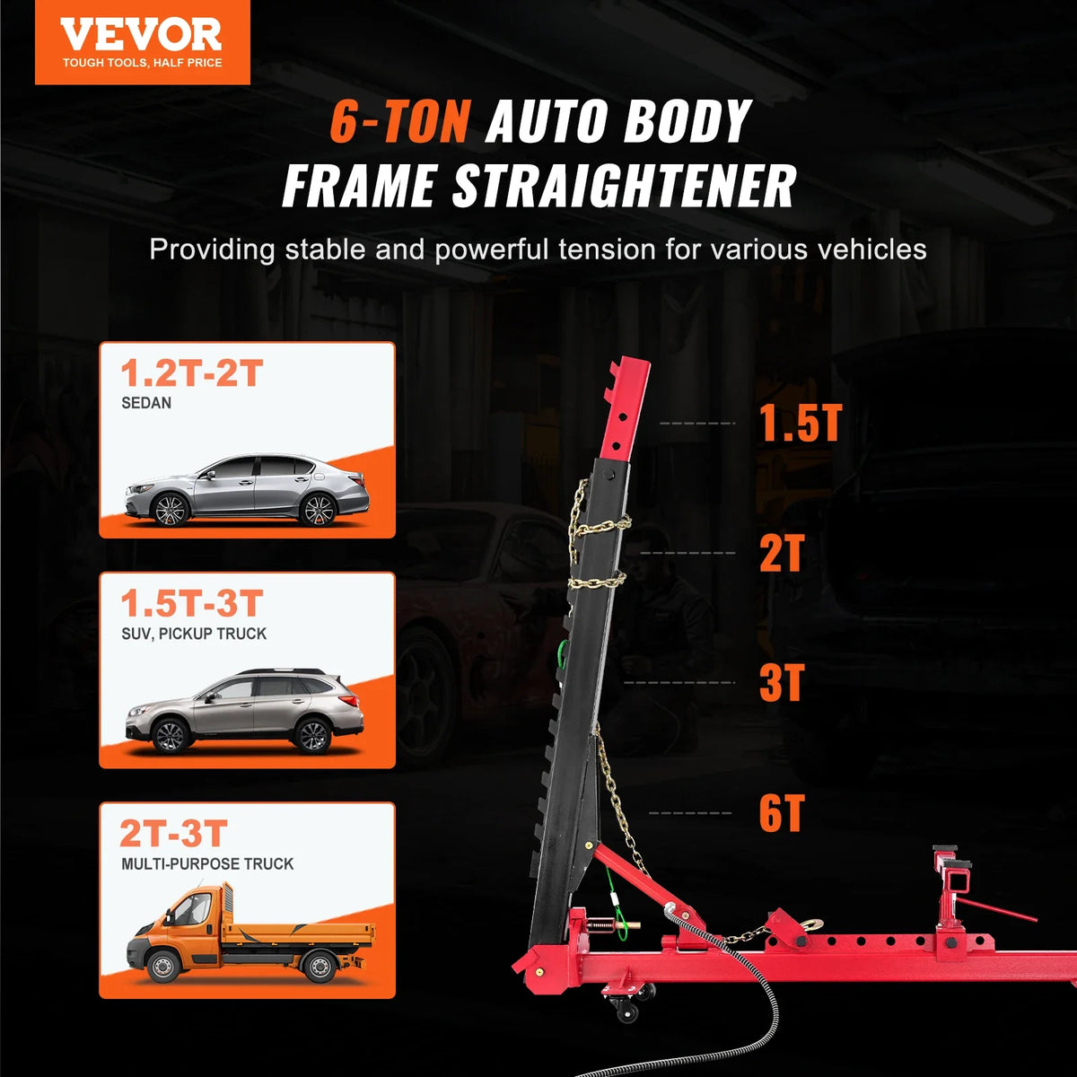 6 Ton Tension Car Frame Puller, with Swivel Post, Hydraulic Foot Pump and Pulling Clamp Set, for Auto Body Frame Repair