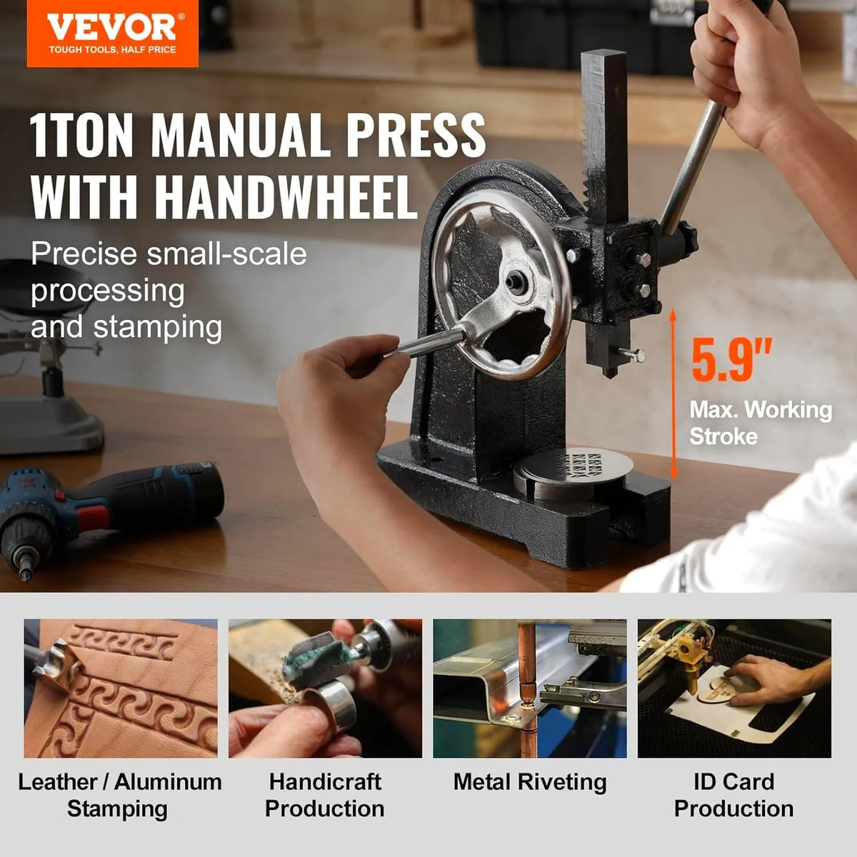 Arbor Press, 1 Ton Manual Arbor Press with Handwheel, 5.9" Maximum Height, Cast Iron Heavy-duty Manual Desktop Arbor Press