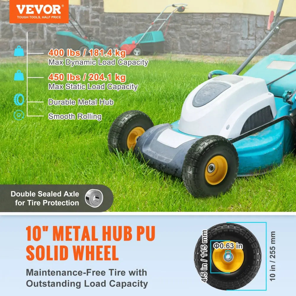 2-Pack Solid PU Run-Flat Tire Wheel 10" Flat Free Tubeless Tires and Wheels for Dollies Garden Trailers Various Carts