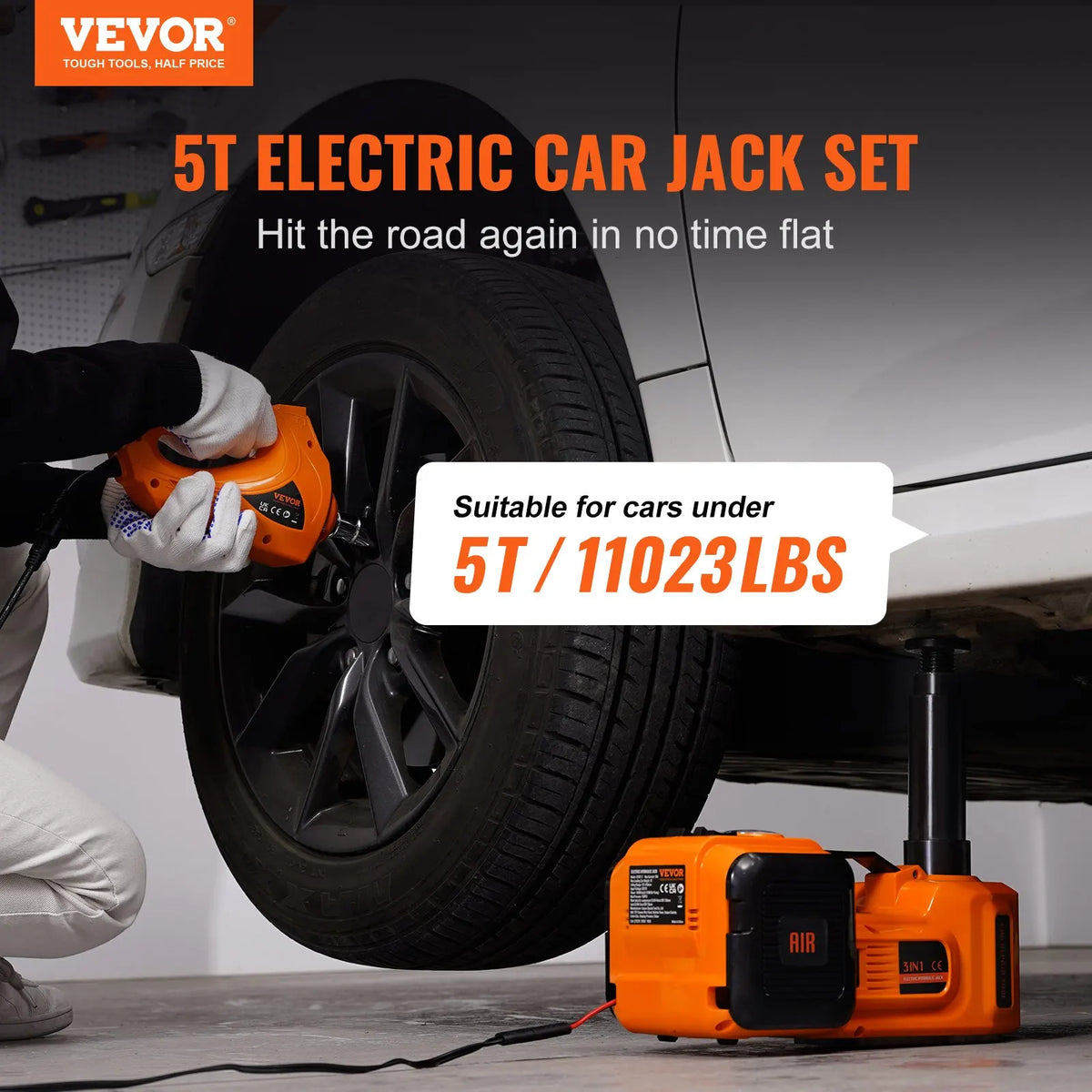 Electric Car Jack, 5 Ton/11023 LBS Hydraulic Jack Lift with Electric Impact Wrench, Built-in Inflatable Pump