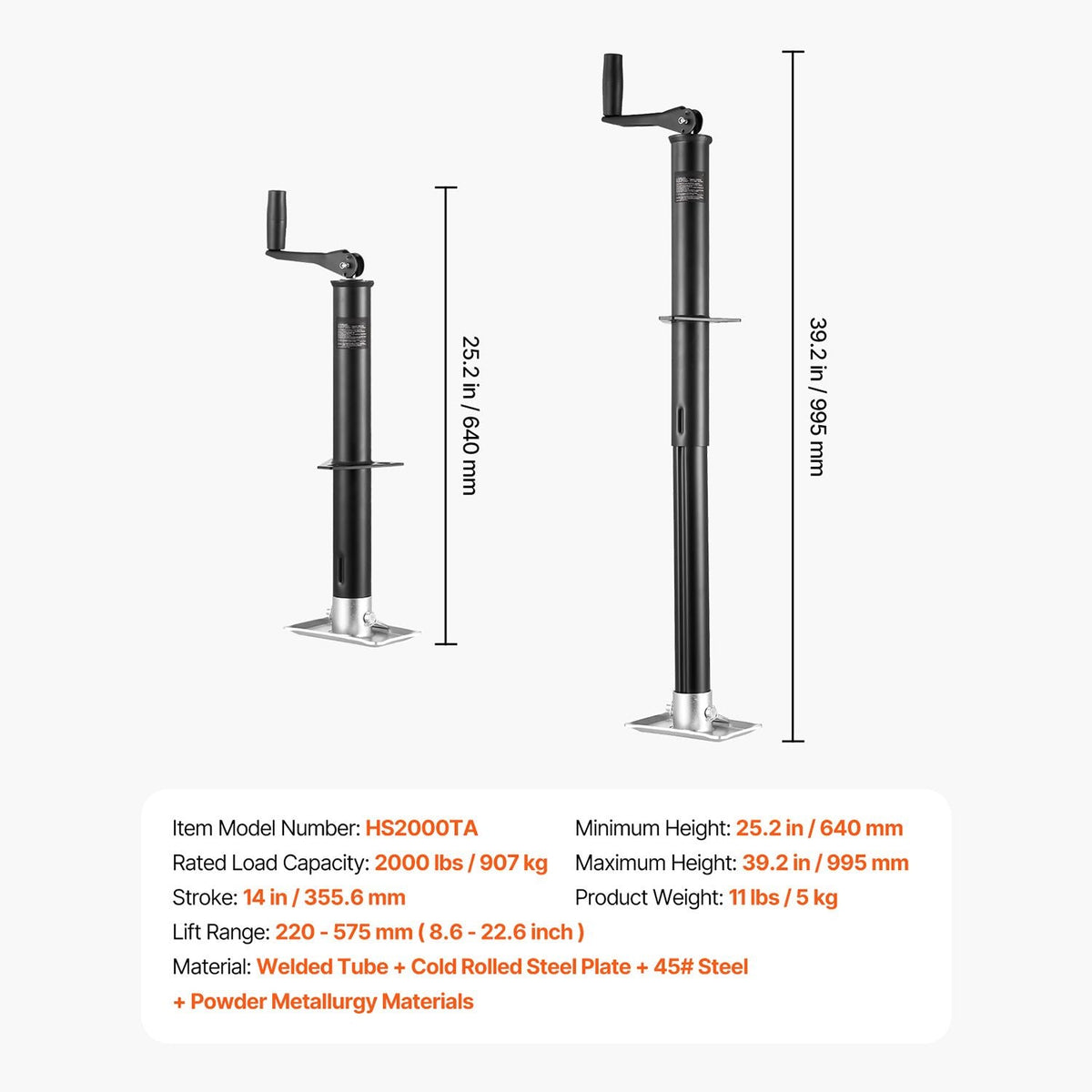 A-Frame Trailer Jack, 2000 lbs Dynamic Load Capacity, Trailer Jack Stand with Handle & Rectangular Footpad, 15-inch Vertical Travel, Suitable for RV, Horse, Utility Trailers, Yacht Trailers