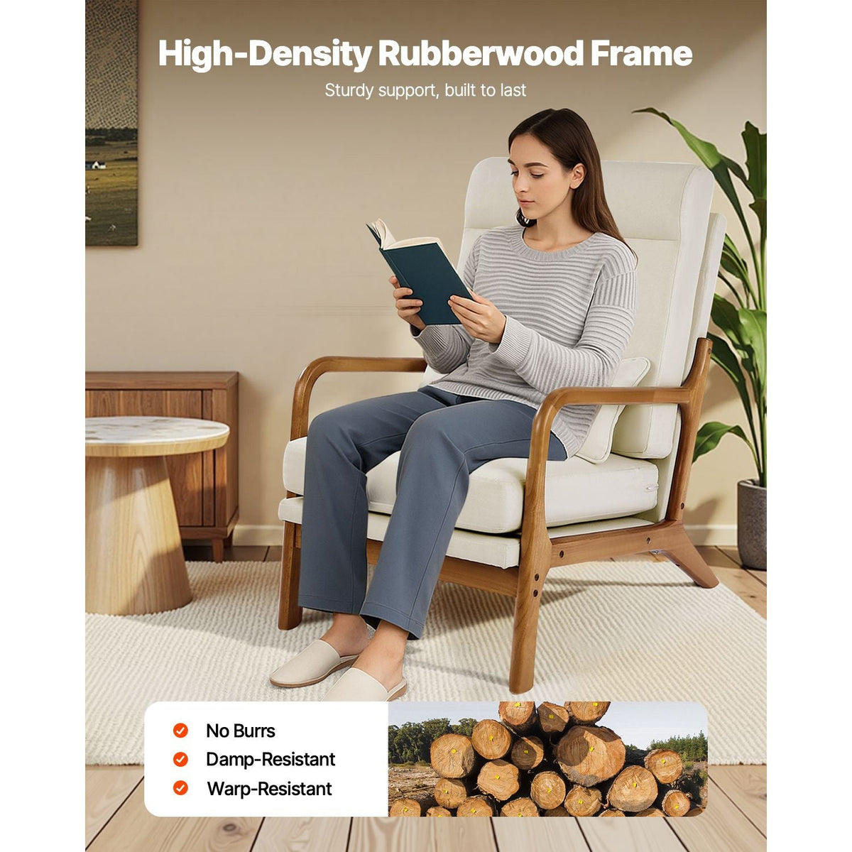 Accent Chair, High Back Mid Century Modern Armchair with Solid Wood Frame and Non-Slip Legs, Upholstered Leisure Chair with Linen Fabric and 5.3 in Thickened Cushion, for Living Room, Bedroom