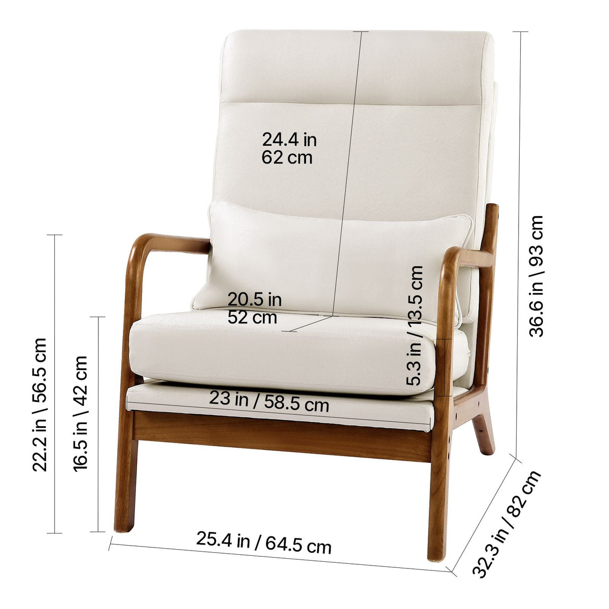 Accent Chair, High Back Mid Century Modern Armchair with Solid Wood Frame and Non-Slip Legs, Upholstered Leisure Chair with Linen Fabric and 5.3 in Thickened Cushion, for Living Room, Bedroom