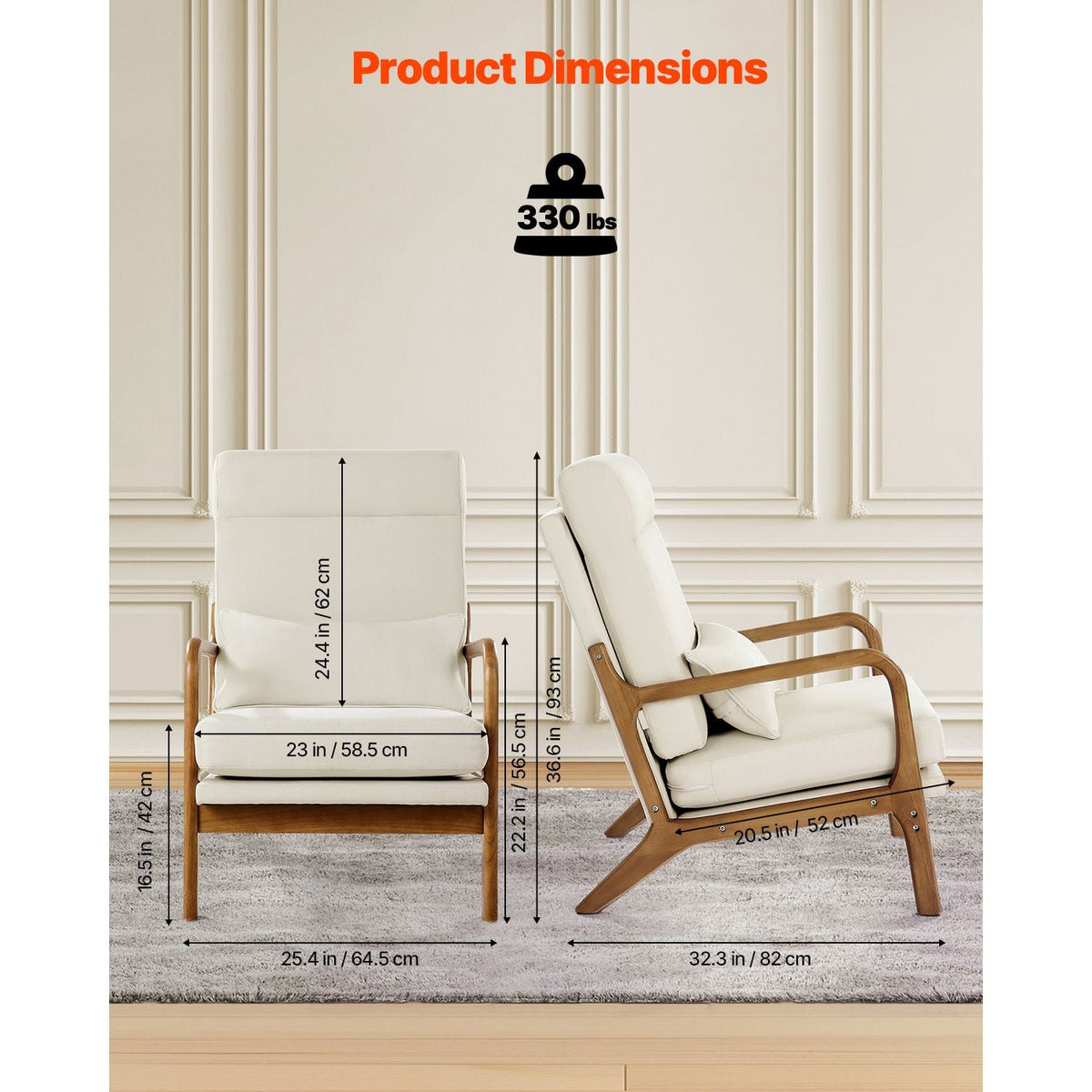 Accent Chair, High Back Mid Century Modern Armchair with Solid Wood Frame and Non-Slip Legs, Upholstered Leisure Chair with Linen Fabric and 5.3 in Thickened Cushion, for Living Room, Bedroom
