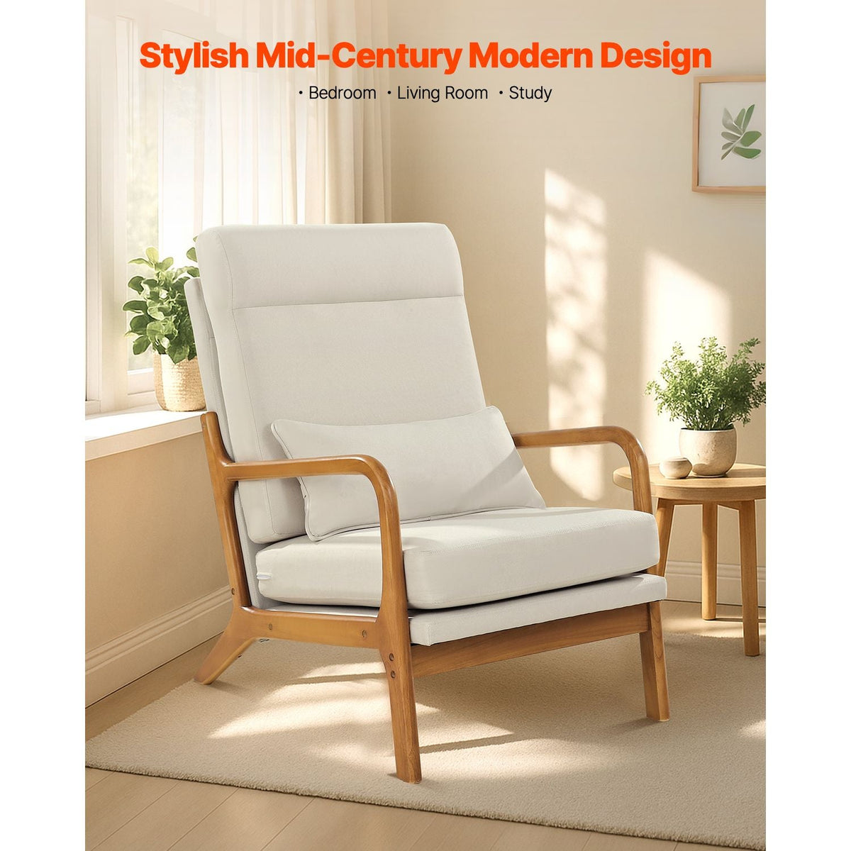 Accent Chair, High Back Mid Century Modern Armchair with Solid Wood Frame and Non-Slip Legs, Upholstered Leisure Chair with Linen Fabric and 5.3 in Thickened Cushion, for Living Room, Bedroom