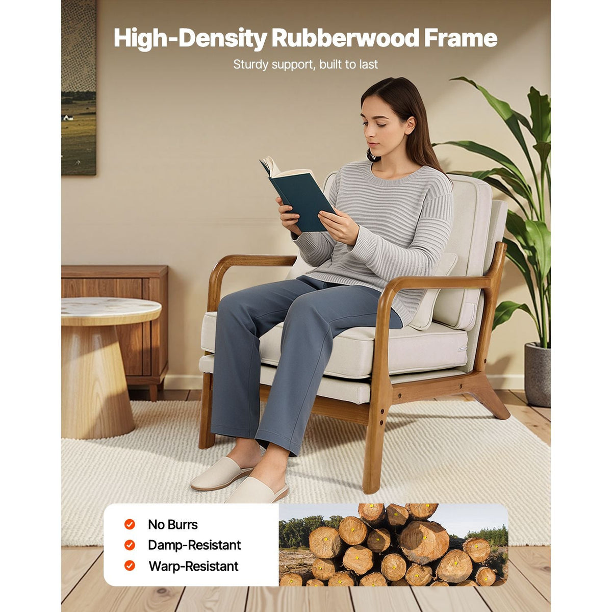 Accent Chair, Mid Century Modern Armchair with Solid Wood Frame and Non-Slip Legs, Upholstered Leisure Chair with Linen Fabric and 5.7 in Thickened Cushion, for Living Room, Bedroom, Office
