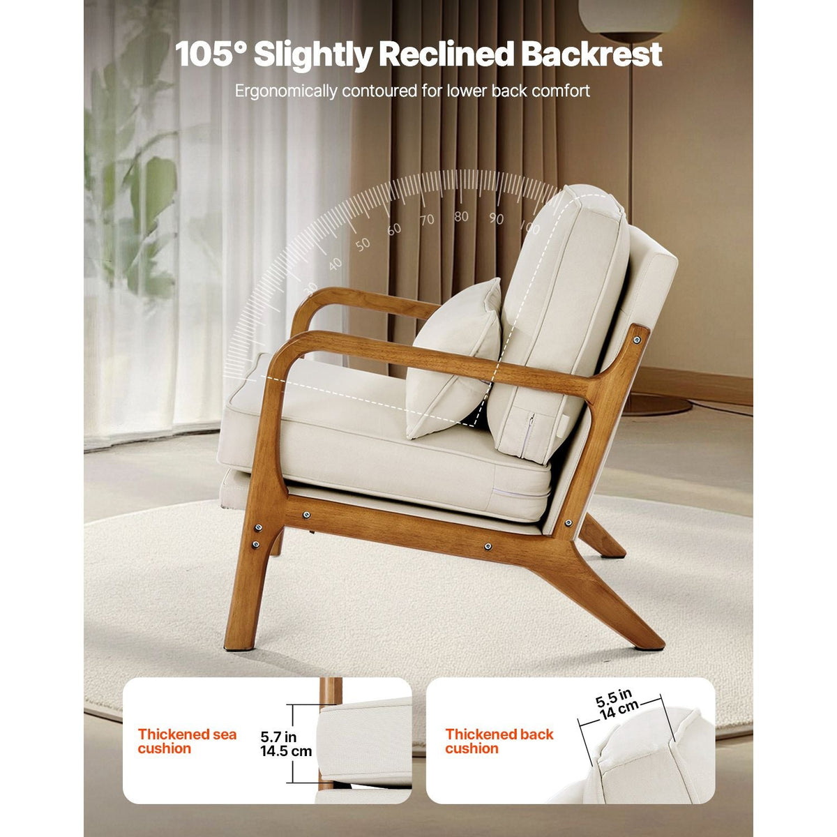 Accent Chair, Mid Century Modern Armchair with Solid Wood Frame and Non-Slip Legs, Upholstered Leisure Chair with Linen Fabric and 5.7 in Thickened Cushion, for Living Room, Bedroom, Office