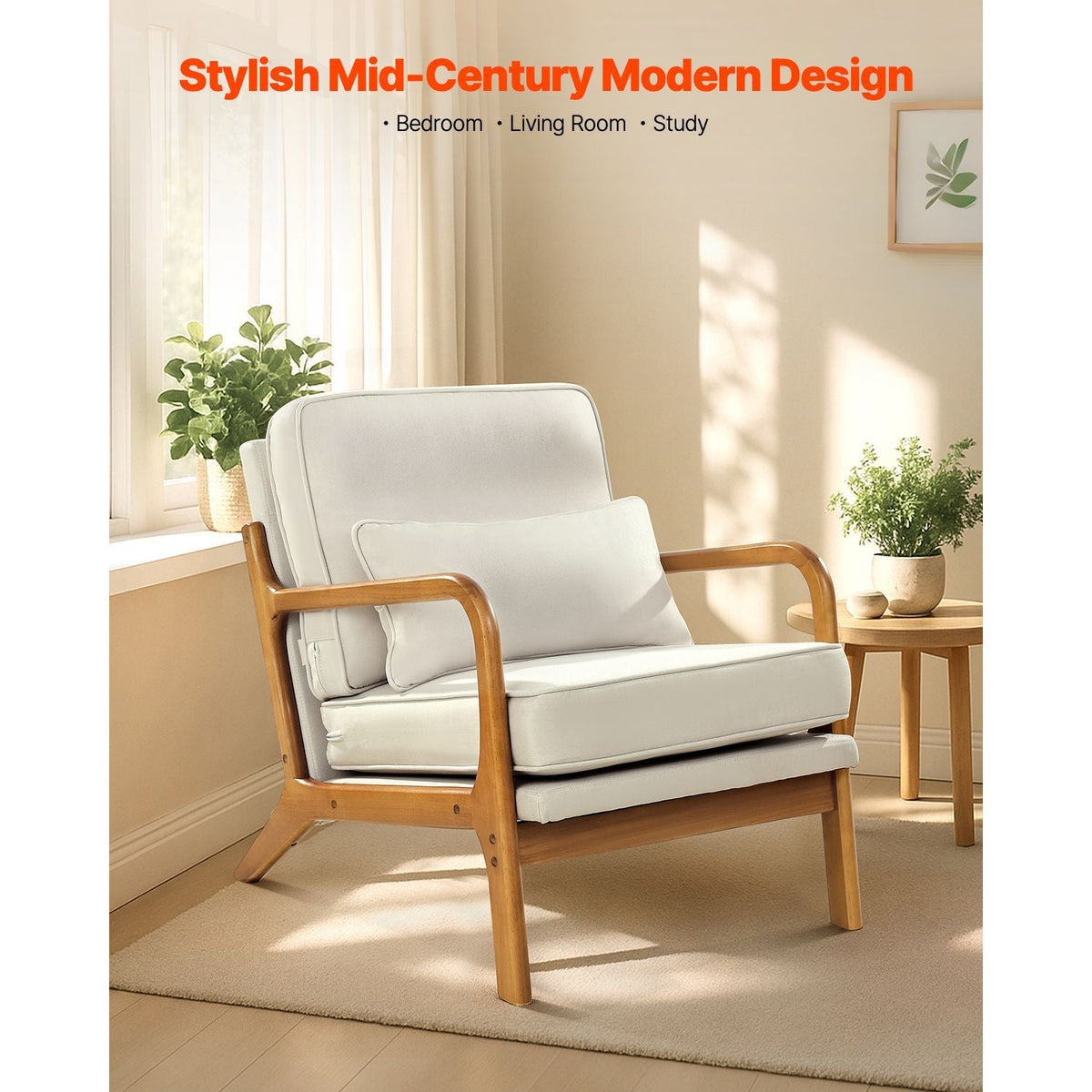Accent Chair, Mid Century Modern Armchair with Solid Wood Frame and Non-Slip Legs, Upholstered Leisure Chair with Linen Fabric and 5.7 in Thickened Cushion, for Living Room, Bedroom, Office