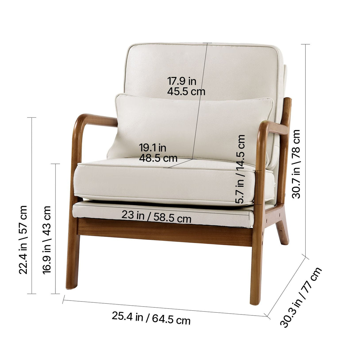 Accent Chair, Mid Century Modern Armchair with Solid Wood Frame and Non-Slip Legs, Upholstered Leisure Chair with Linen Fabric and 5.7 in Thickened Cushion, for Living Room, Bedroom, Office