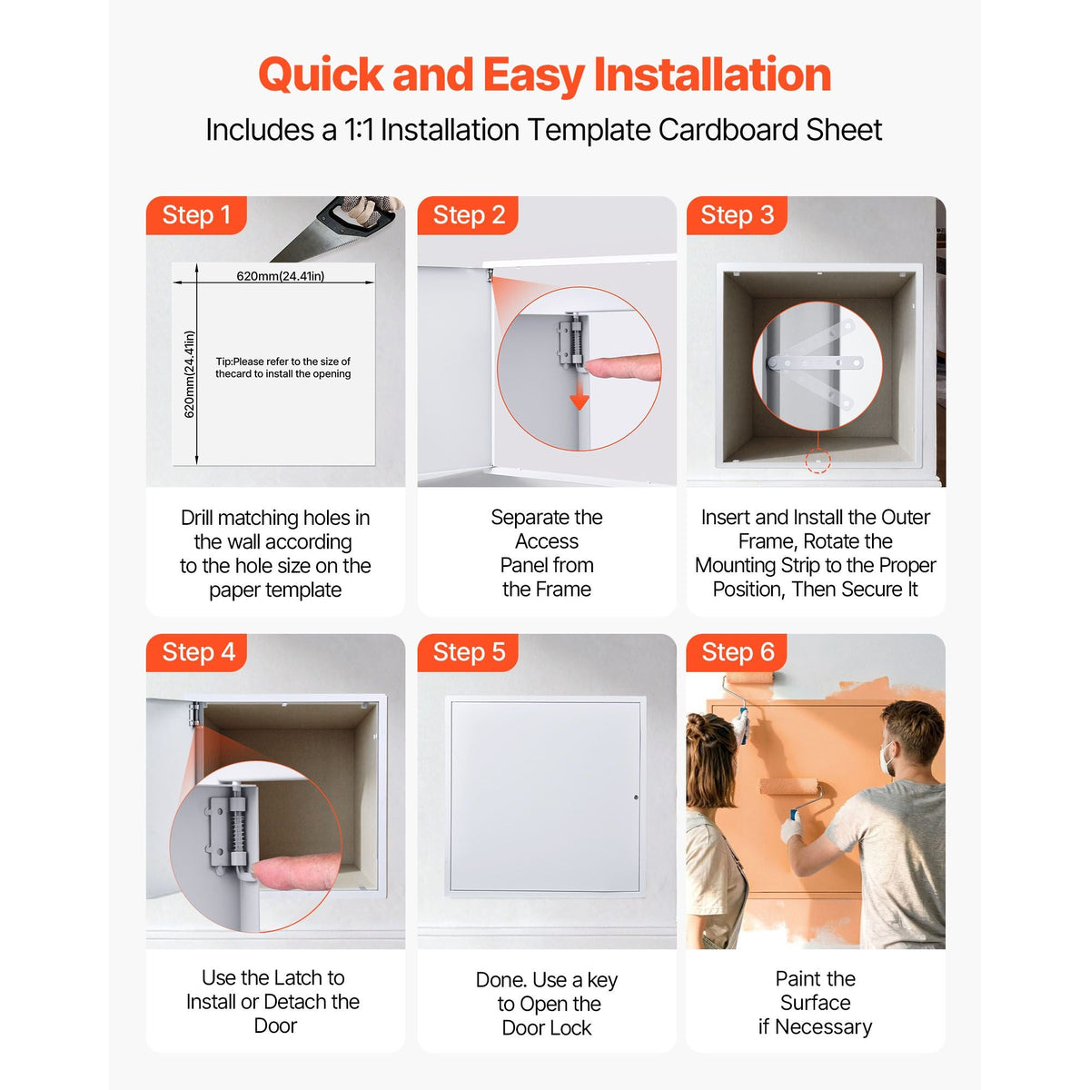 Access Panel for Drywall, 25.2 x 25.2 in Galvanized Steel Access Door, Easy Install Hinged Service Panel with Key, for Ceiling Plumbing Electrical, 24.4 x 24.4 in Cutout Size, White