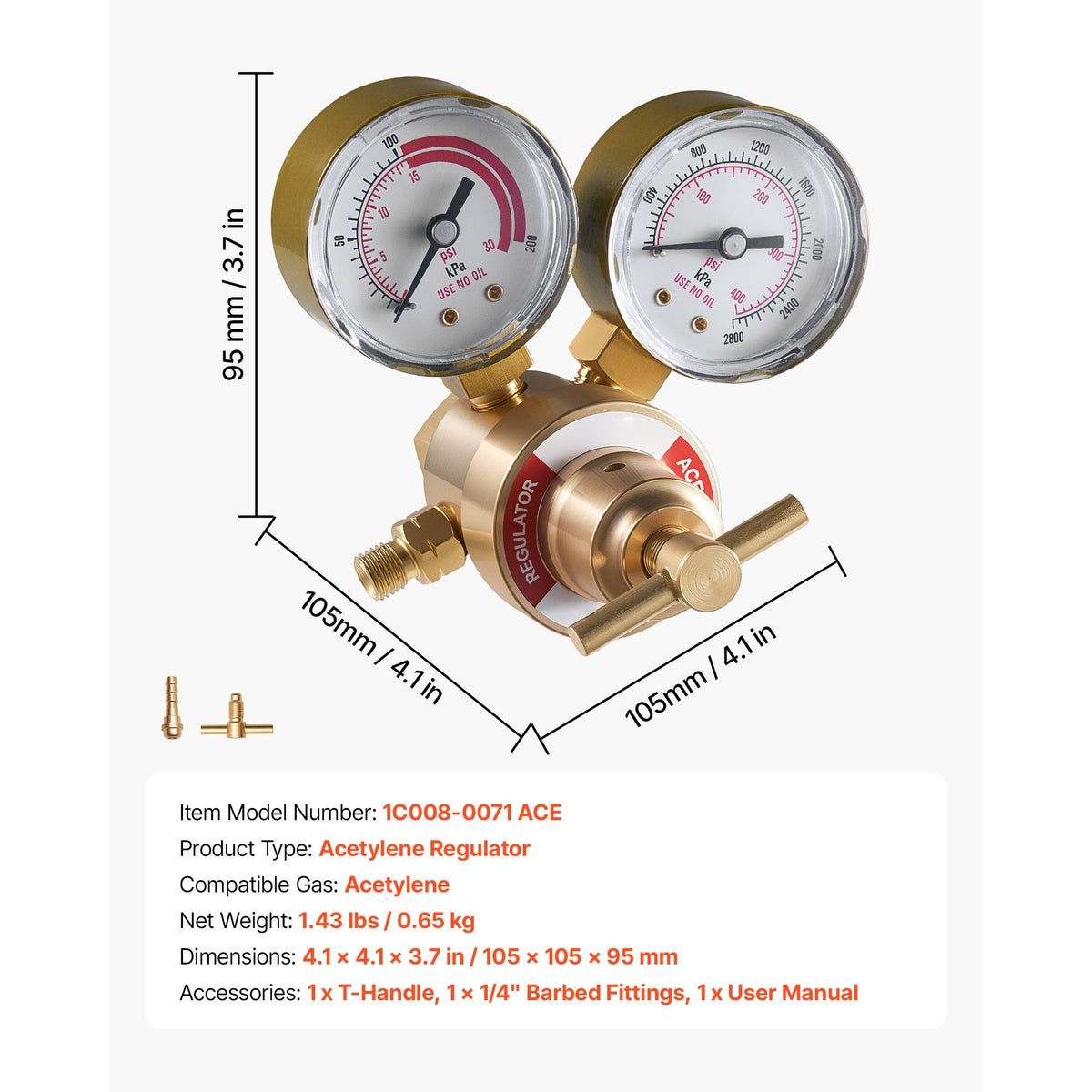 Acetylene Regulator, Precise Acetylene Regulator, 0-400PSI Welding Gas Gauge with CGA-200 Inlet Connection & 9/16"-18 LH Outlet Connection, T-Handle Adjustment