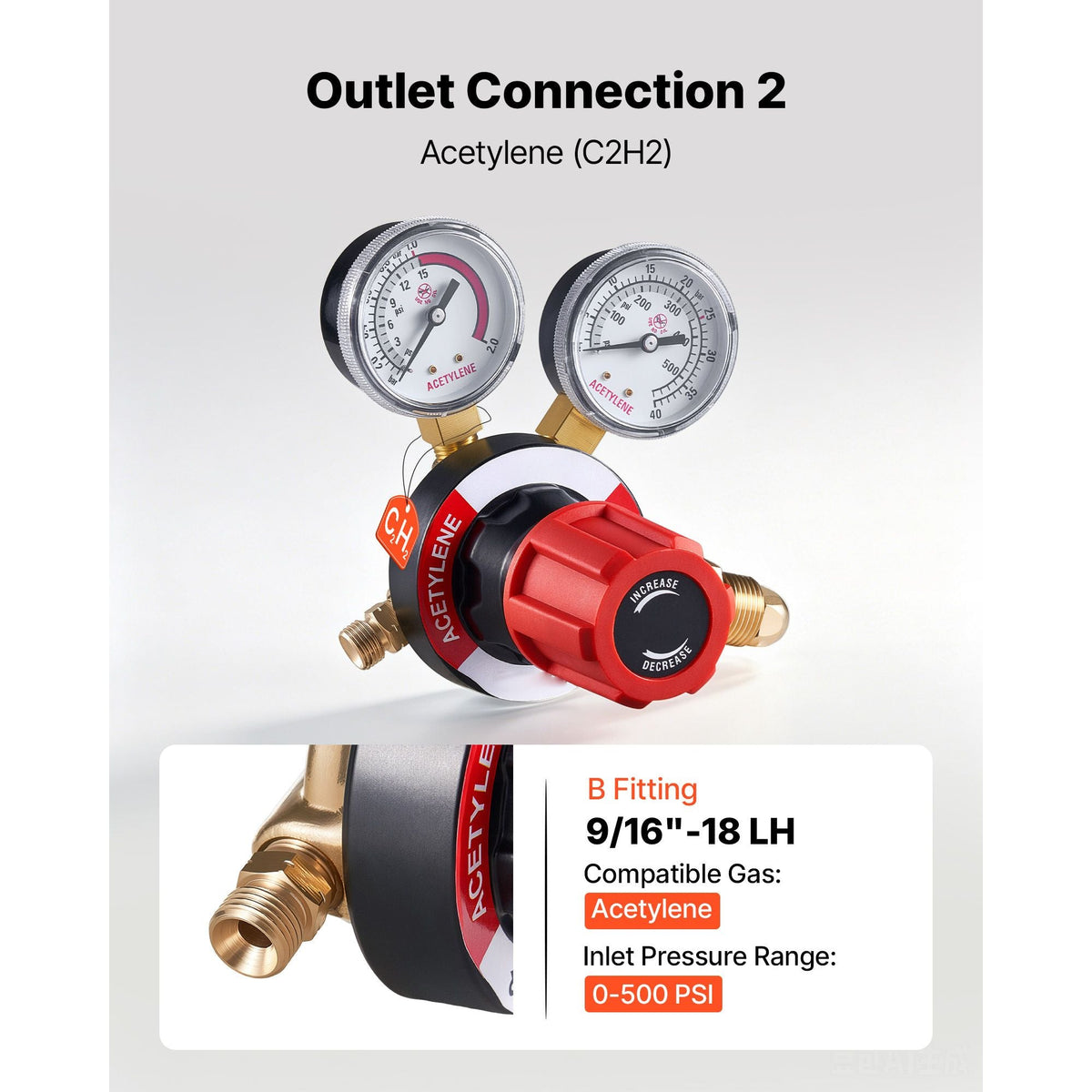 Acetylene Regulator, Precise Acetylene Regulator, 0-500PSI Welding Gas Gauge with CGA-510 Inlet Connection & 9/16"-18 LH Outlet Connection, PC Knob Adjustment