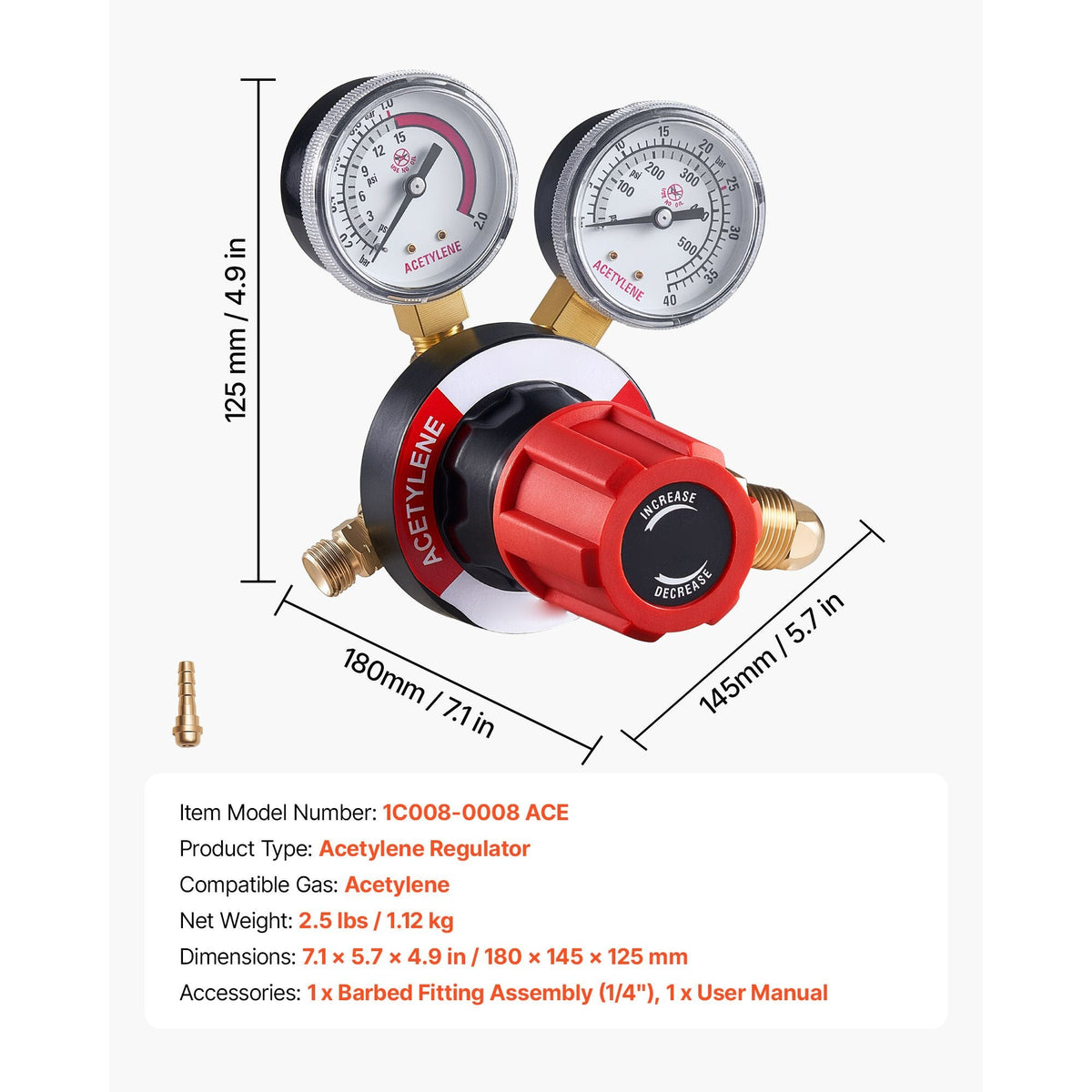 Acetylene Regulator, Precise Acetylene Regulator, 0-500PSI Welding Gas Gauge with CGA-510 Inlet Connection & 9/16"-18 LH Outlet Connection, PC Knob Adjustment
