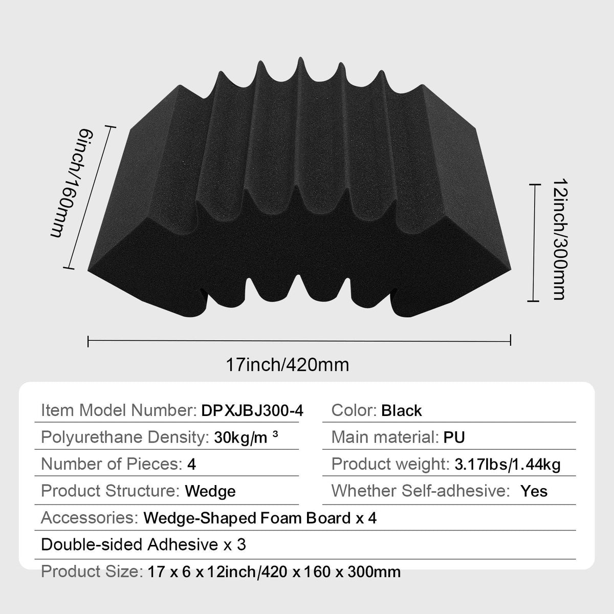 Acoustic Foam Panels, 4 Pack 16.5 x 6.3 x 12 inches, Adhesive High Density Soundproof Wall Panels,Fire-Resistant Acoustic Panel,Sound Dampening Absorbing Panel for Studio Wall and Ceiling,Black