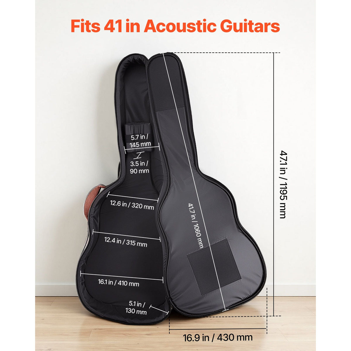 Acoustic Guitar Hard Case, 47.1 Inch, Hard-Shell Protective Travel Carrying Case with Accessory Compartment, Foam Padding, Portable Handle, Shoulder Straps, for 41 Inch Acoustic Guitars, Brown