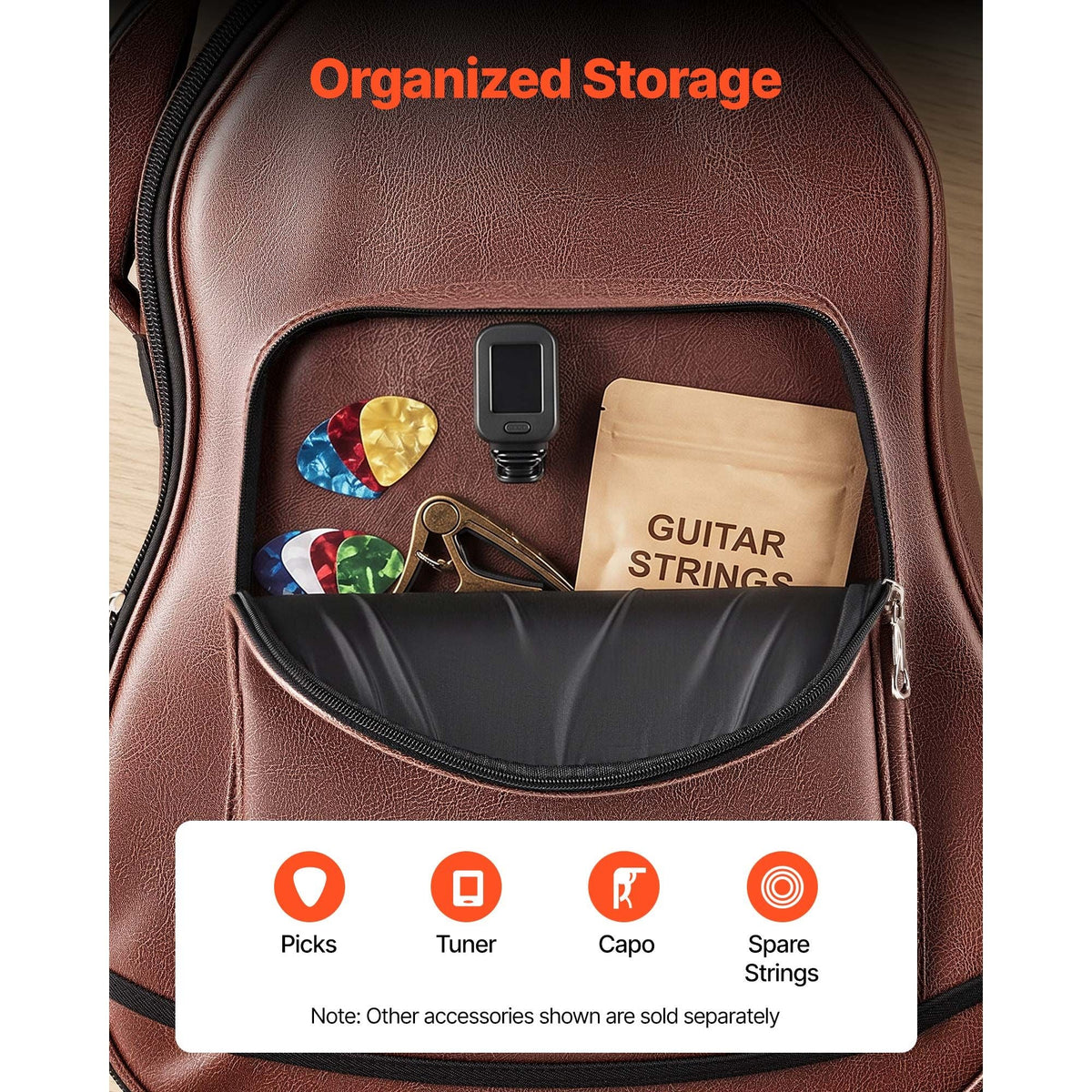 Acoustic Guitar Hard Case, 47.1 Inch, Hard-Shell Protective Travel Carrying Case with Accessory Compartment, Foam Padding, Portable Handle, Shoulder Straps, for 41 Inch Acoustic Guitars, Brown