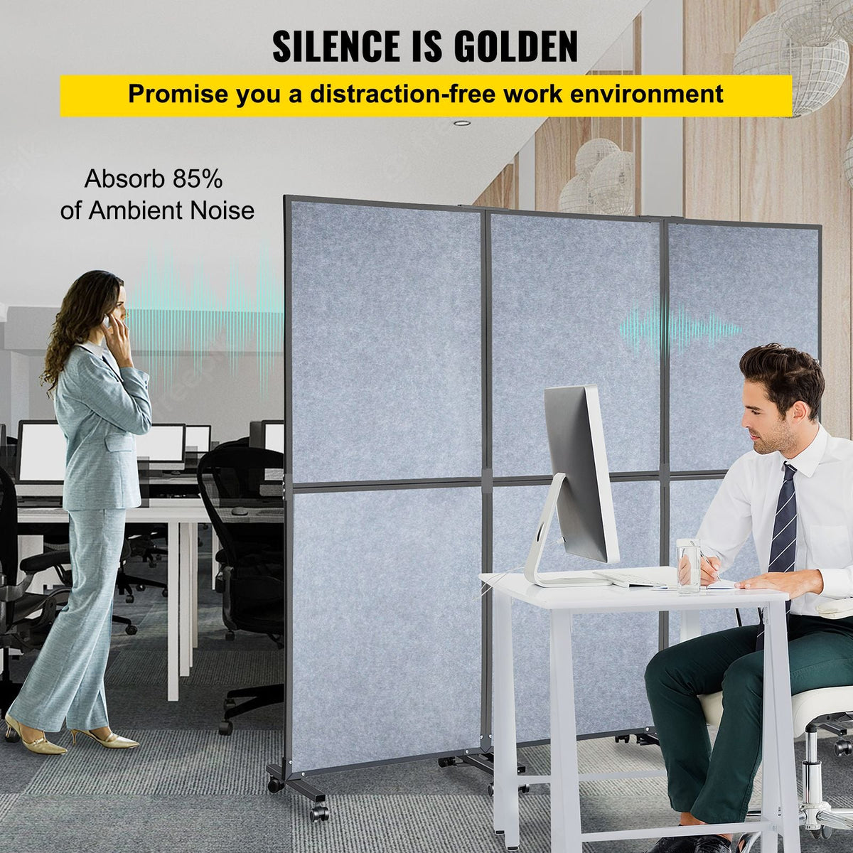 Acoustic Room Divider 72\" x 66\" Office Partition Panel 3 Pack Office Divider Wall Light Gray Office Dividers Partition Wall Polyester & 45 Steel Cubicle Wall Reduce Noise and Visual Distractio
