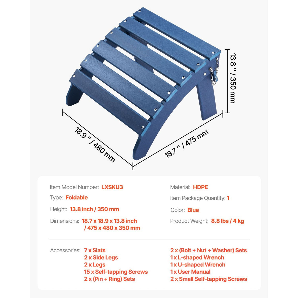 Adirondack Ottoman, 18.7L x 18.9W x 13.8H Inch HDPE Plastic Folding Adirondack Ottoman, Weather-Resistant Foot Rest for Adirondack Chair, Widely Used for Outside Porch Pool Lawn Backyard, Blue