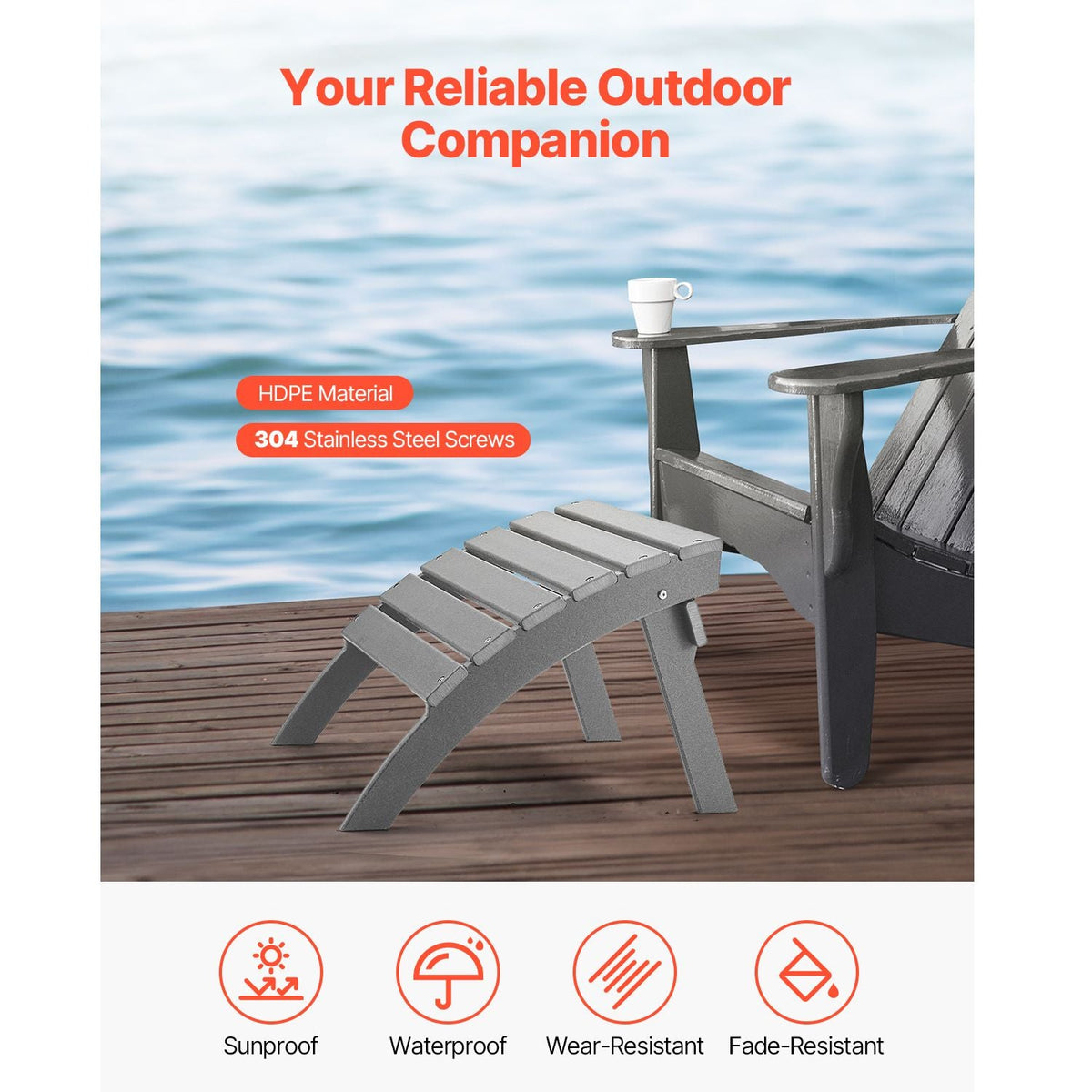 Adirondack Ottoman, 21.5L x 18.9W x 14.8H Inch HDPE Plastic Folding Adirondack Ottoman, Weather-Resistant Foot Rest for Adirondack Chair, Widely Used for Outside Porch Pool Lawn Backyard, Gray