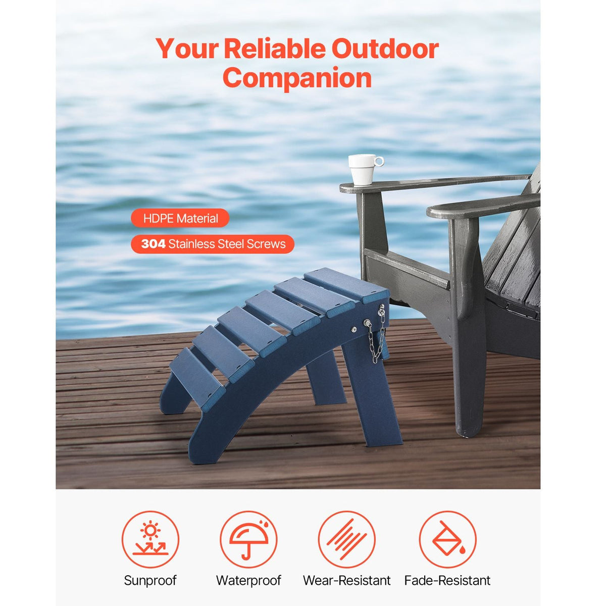 Adirondack Ottoman Set of 2, 18.7L x 18.9W x 13.8H Inch HDPE Plastic Folding Adirondack Ottoman, Weather-Resistant Foot Rest for Adirondack Chair, Used for Outside Porch Pool Lawn Backyard, Blue