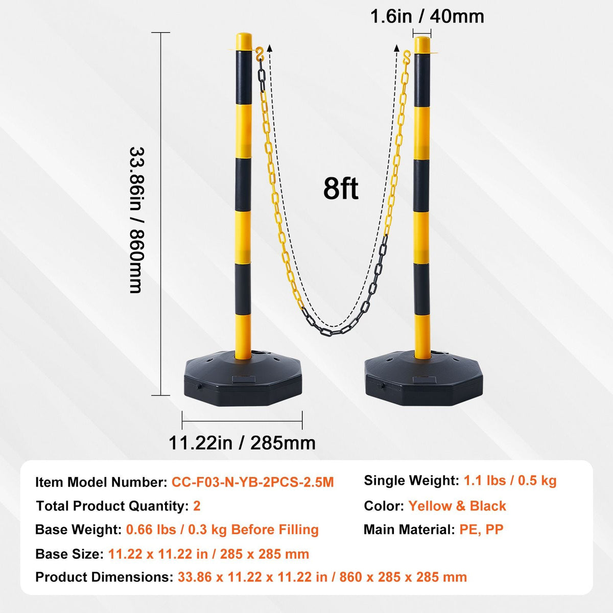 Adjustable Traffic Delineator Post Cones, 2 Pack, Traffic Safety Delineator Barrier with Fillable Base 8FT Chain, for Traffic Control Warning Parking Lot Construction Caution Roads, Yellow&Black