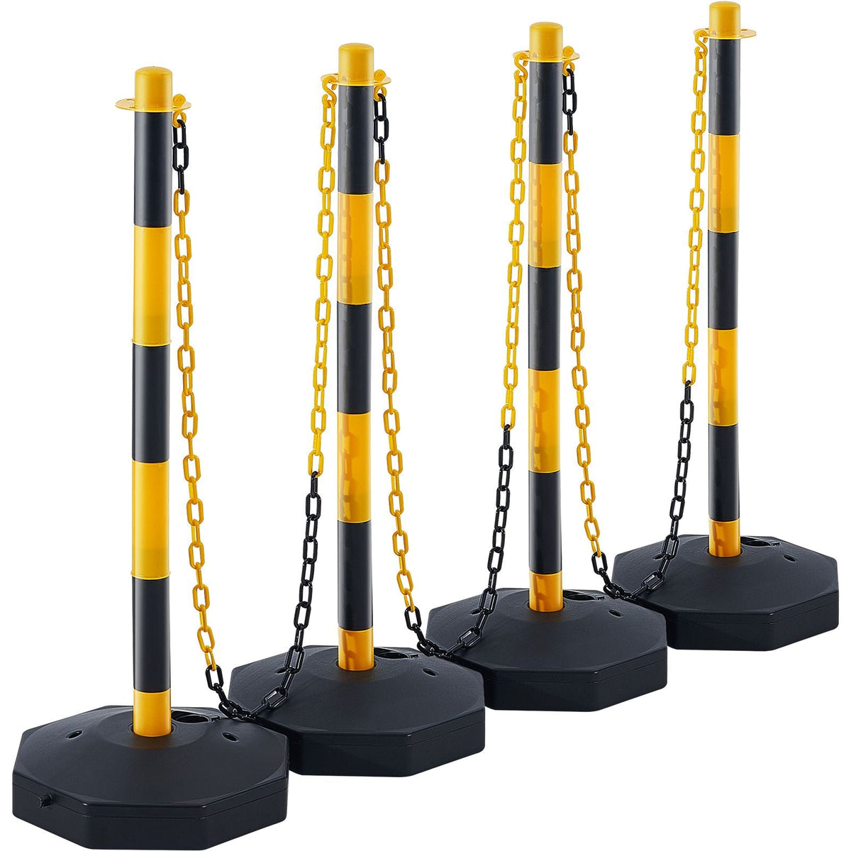Adjustable Traffic Delineator Post Cones, 4 Pack, Traffic Safety Delineator Barrier with Fillable Base 8FT Chain, for Traffic Control Warning Parking Lot Construction Caution Roads, Yellow&Black