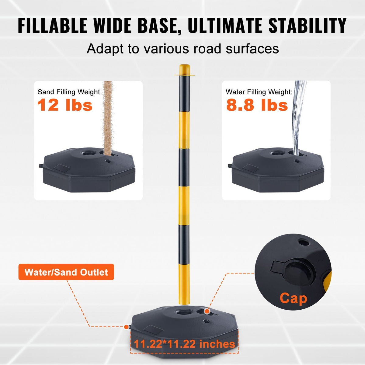 Adjustable Traffic Delineator Post Cones, 4 Pack, Traffic Safety Delineator Barrier with Fillable Base 8FT Chain, for Traffic Control Warning Parking Lot Construction Caution Roads, Yellow&Black