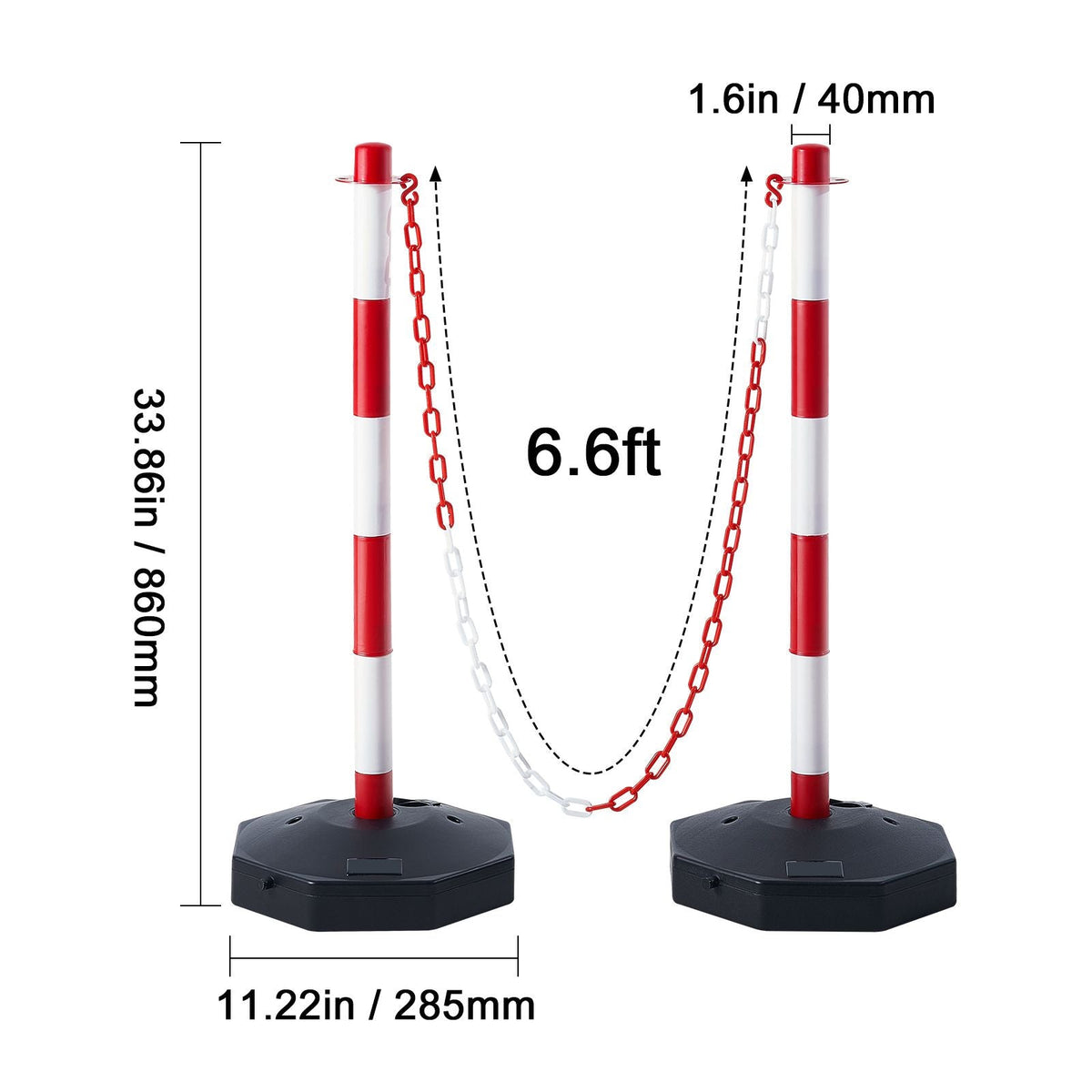 Adjustable Traffic Delineator Post Cones, 6 Pack, Traffic Safety Delineator Barrier with Fillable Base 6.6FT Chain, for Traffic Control Warning Parking Lot Construction Caution Roads, Red&White