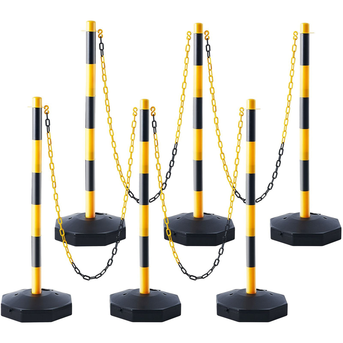 Adjustable Traffic Delineator Post Cones, 6 Pack, Traffic Safety Delineator Barrier with Fillable Base 8FT Chain, for Traffic Control Warning Parking Lot Construction Caution Roads, Yellow&Black