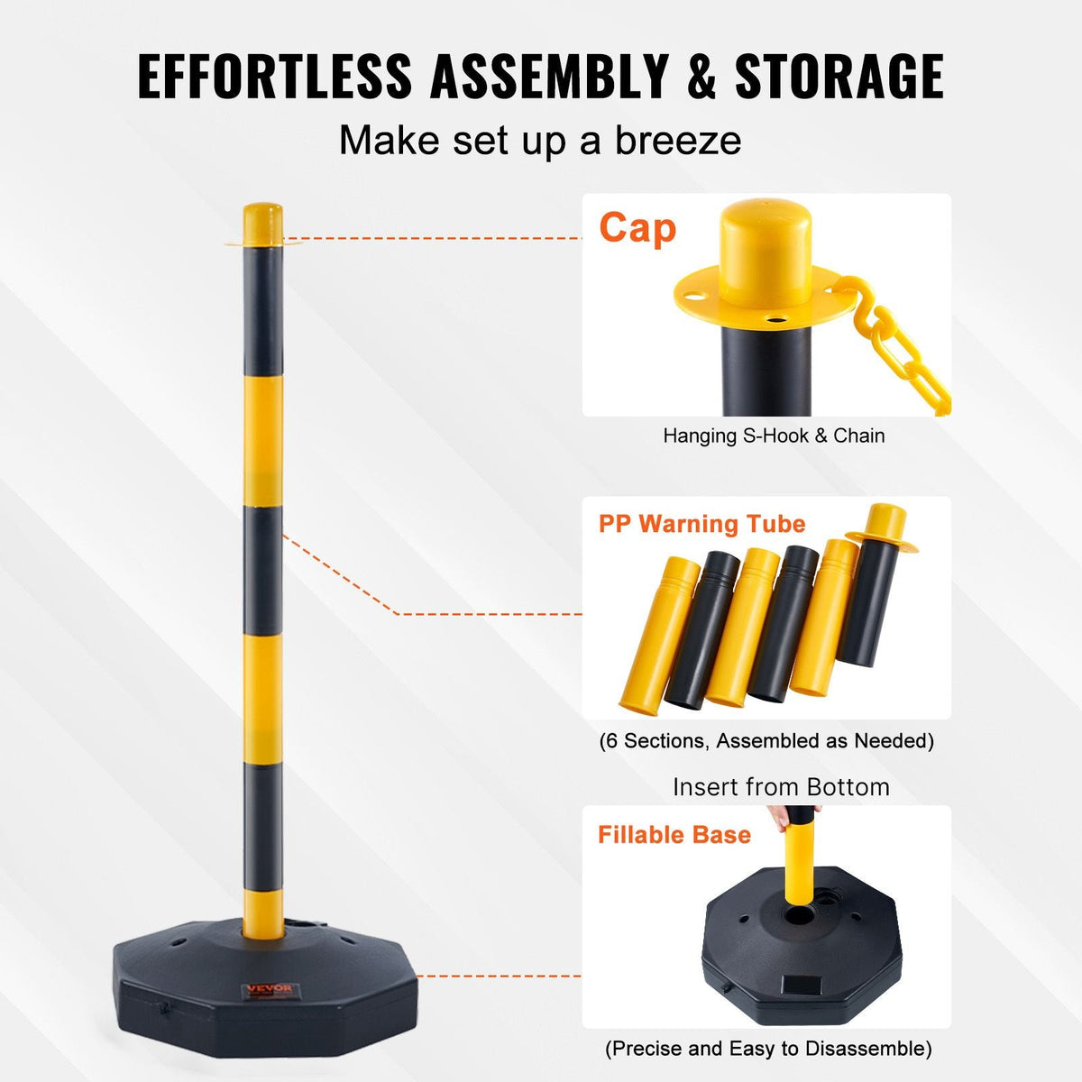 Adjustable Traffic Delineator Post Cones, 6 Pack, Traffic Safety Delineator Barrier with Fillable Base 8FT Chain, for Traffic Control Warning Parking Lot Construction Caution Roads, Yellow&Black