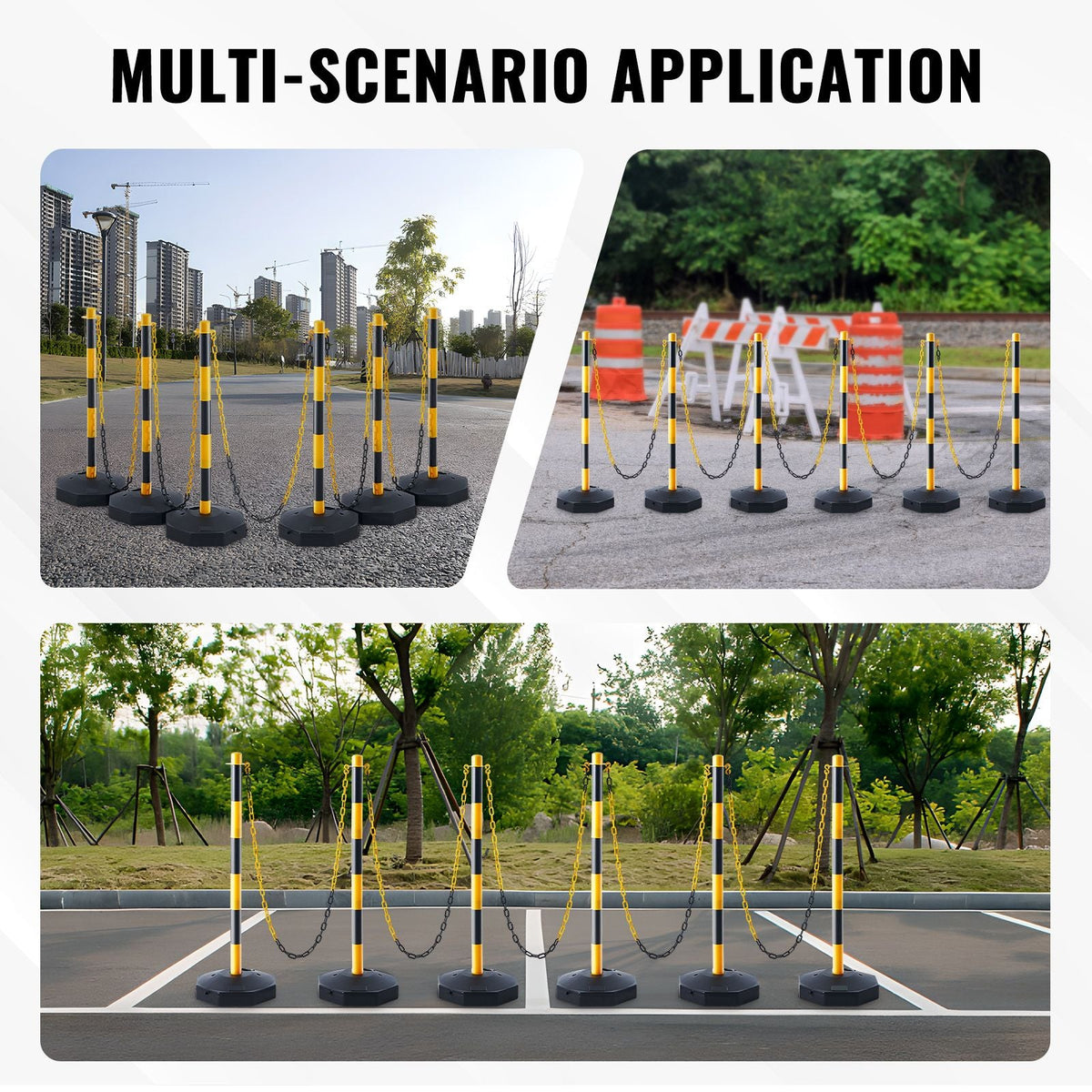 Adjustable Traffic Delineator Post Cones, 6 Pack, Traffic Safety Delineator Barrier with Fillable Base 8FT Chain, for Traffic Control Warning Parking Lot Construction Caution Roads, Yellow&Black