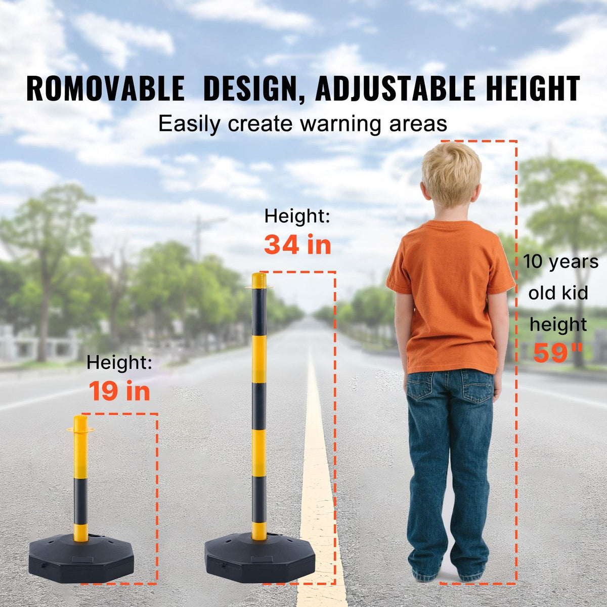 Adjustable Traffic Delineator Post Cones, 6 Pack, Traffic Safety Delineator Barrier with Fillable Base 8FT Chain, for Traffic Control Warning Parking Lot Construction Caution Roads, Yellow&Black