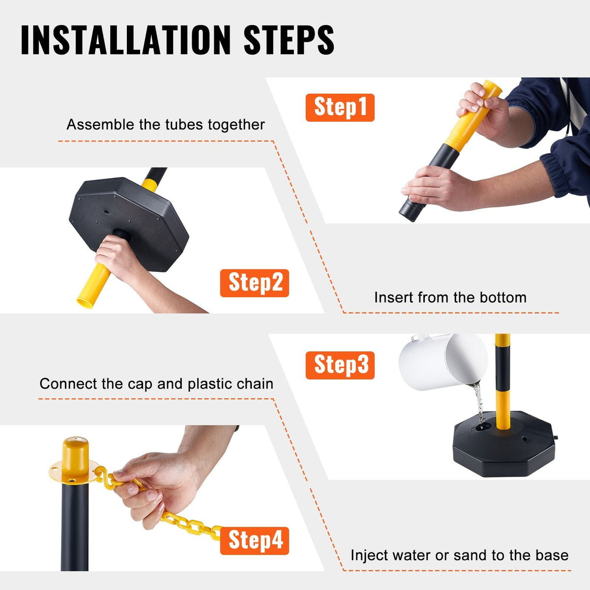 Adjustable Traffic Delineator Post Cones, 6 Pack, Traffic Safety Delineator Barrier with Fillable Base 8FT Chain, for Traffic Control Warning Parking Lot Construction Caution Roads, Yellow&Black